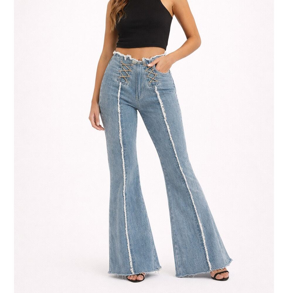 PrettyLittleThing Lace-Up Flare Jeans Size 8 Raw Hem Boho - Picture 7 of 9